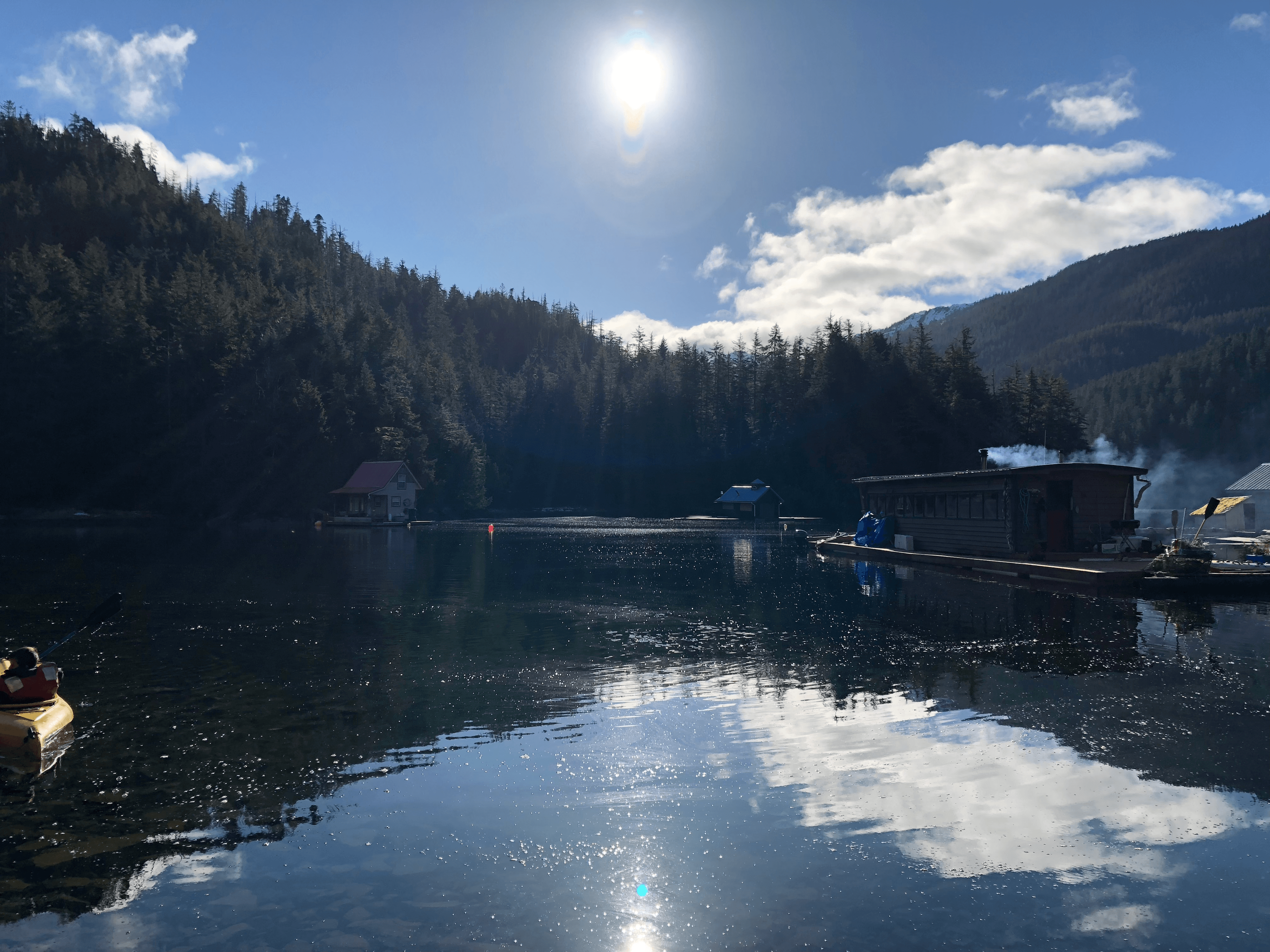 Floathouse in Camp Coogan Bay, Sitka, Alaska. A view from the water.